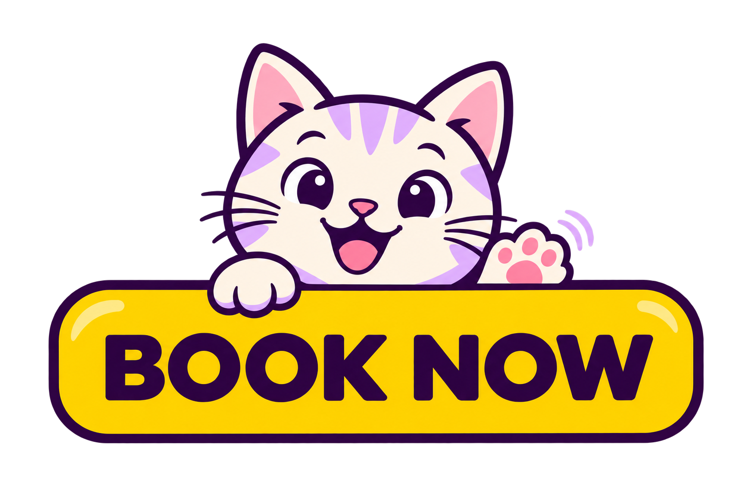 Cat holding a yellow Book Now sign