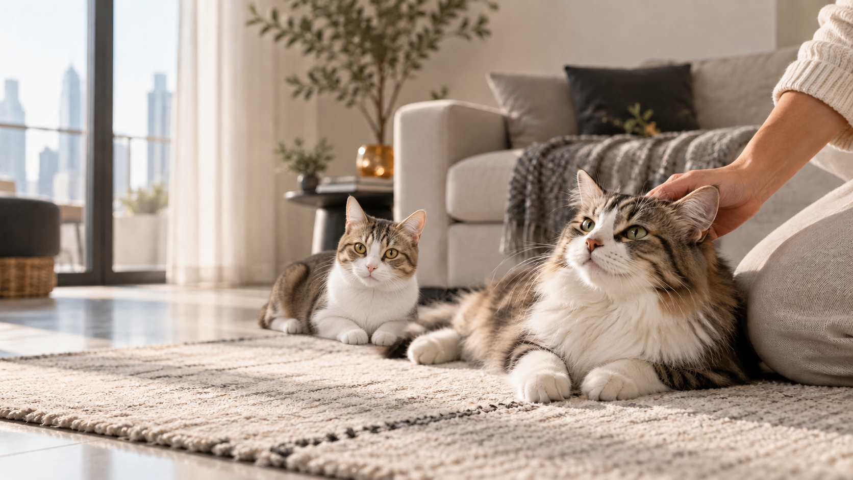 Two cats relax together at home while one receives gentle attention.